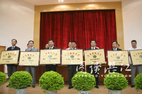 阮日生市长、赵志辉副市长为获得中华餐饮店的企业代表颁牌